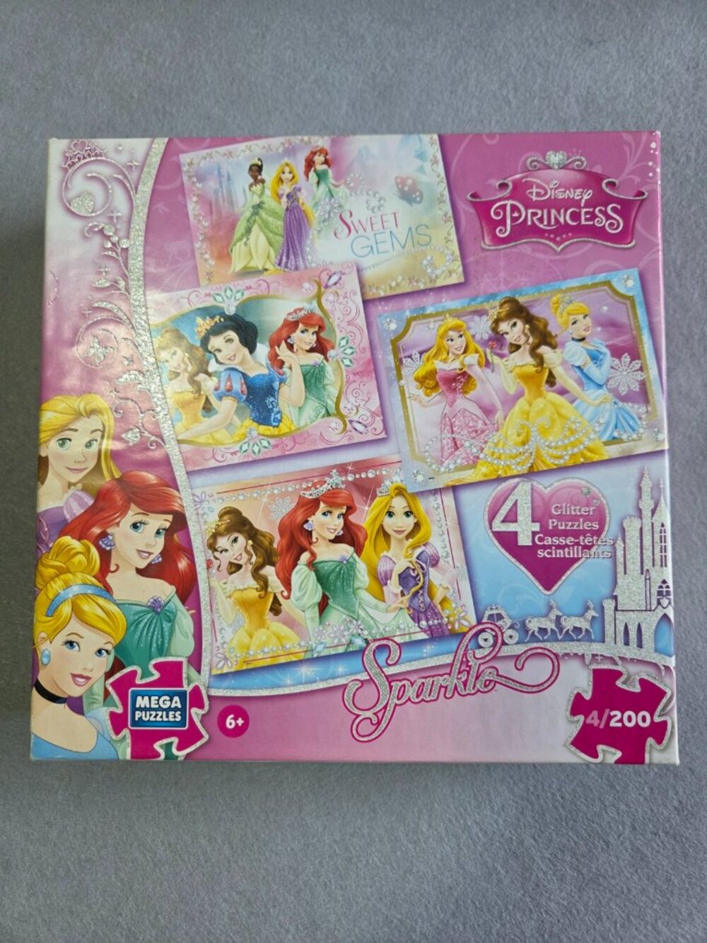 NEW Disney Princess Sparkle 4-1 Glitter 4 Puzzle Set with 200 Pieces Each